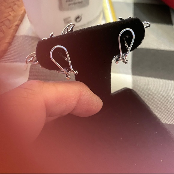 14k White Gold Bumble Bee Omega Earrings Blue Sapphire, Diamonds - Picture 4 of 6